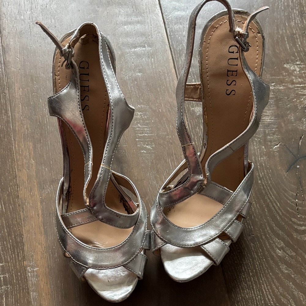 Guess Metallic Silver Strappy Heels